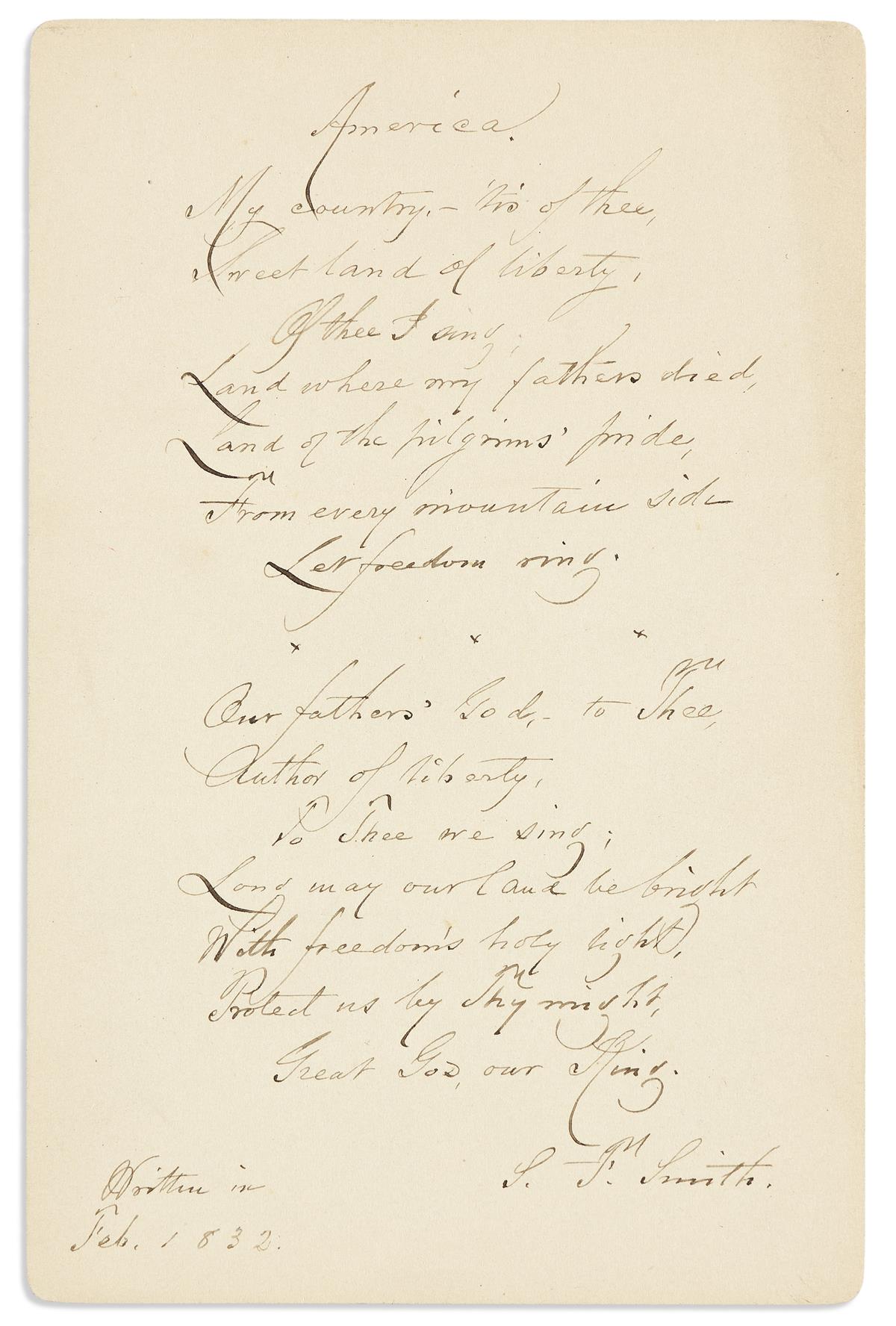 SMITH, SAMUEL FRANCIS. Autograph Quotation Signed, S.F. Smith, fair copy of the first two stanzas of his hymn, America.